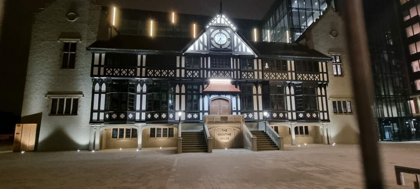 The Tudor Brew House facade lit at night, Brewery Quarter, Cork