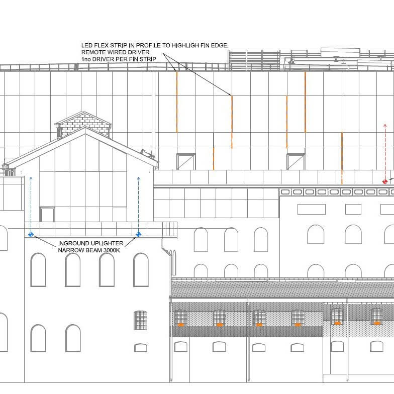 Facade lighting elevation drawing for the Brewery Quarter, Cork