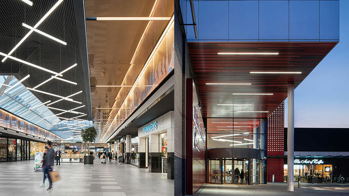 Entrance canopy at Blanchardstown Shopping Centre at dusk