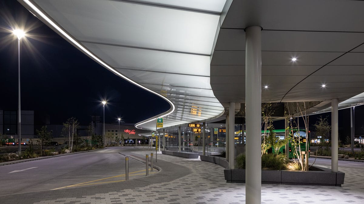 Curved canopy and planting at Liffey Valley Bus Connect Plaza