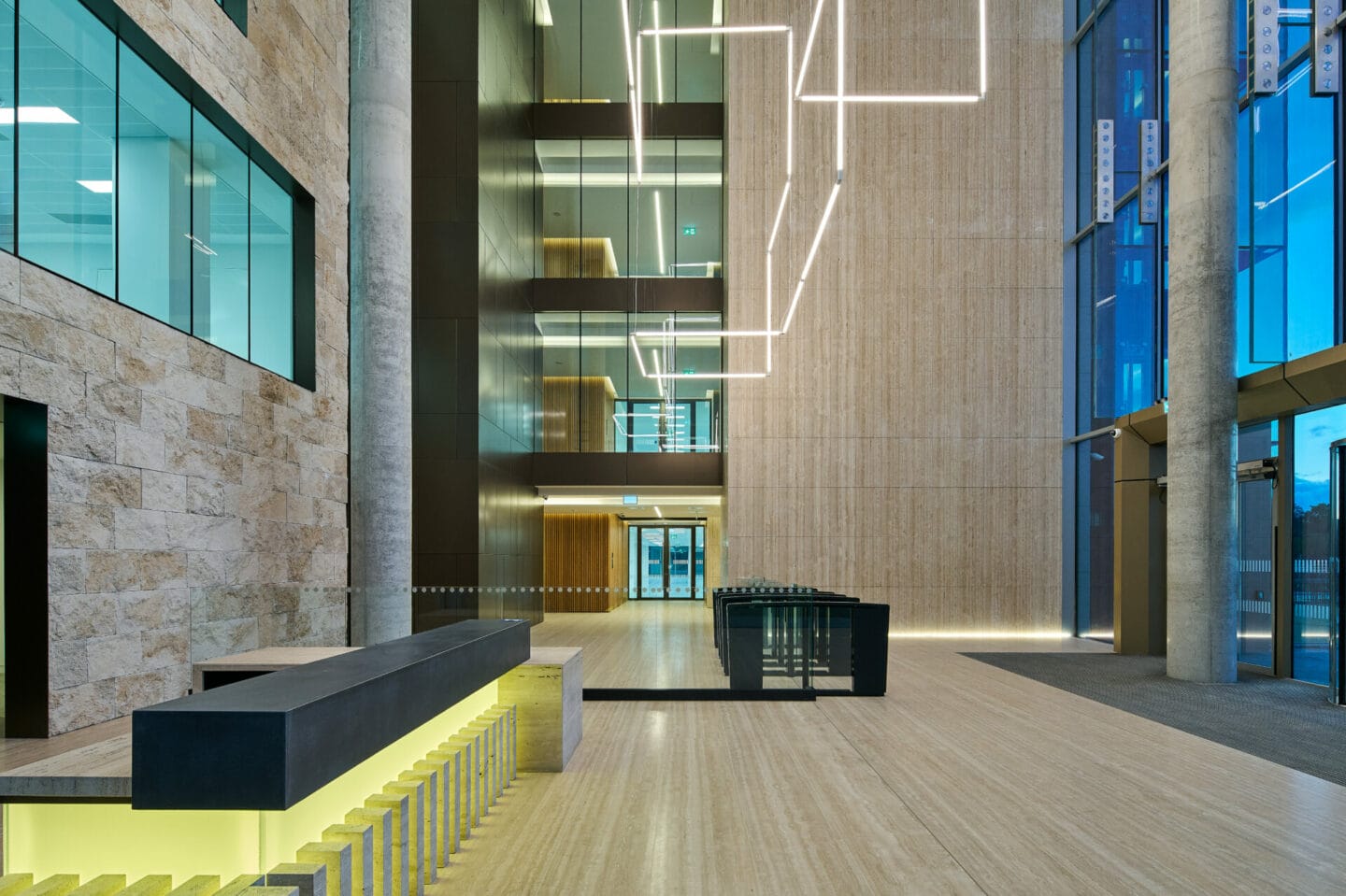 Atrium at Block N Central Park with a suspended linear light sculpture, Dublin